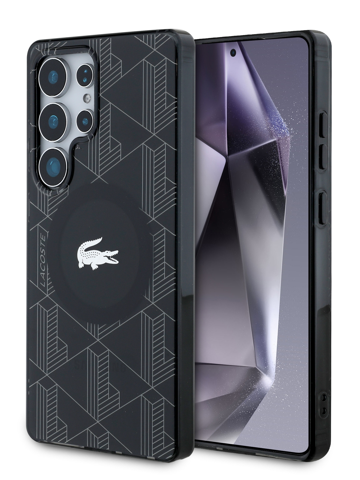 Чехол Lacoste для Galaxy S25 Ultra PC/TPU Double layer Silver Croc logo Hard Black (MagSafe)