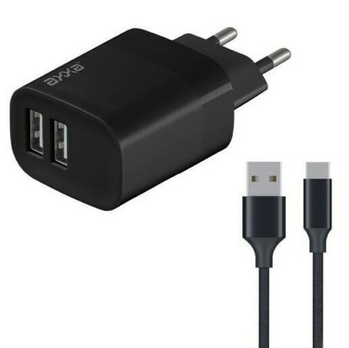 Сетевое зарядное устройство Axxa 2 USB 2.4А, дата-кабель USB-C, 1m, черный