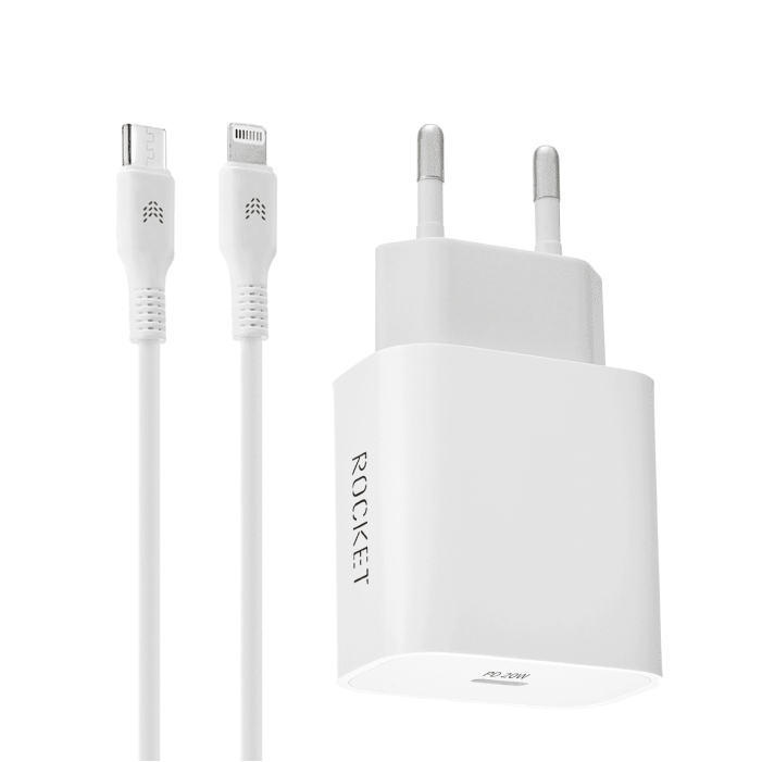 Сетевое зарядное устройство Rocket Space Combo USB-C + кабель Lightning, белый, 20W