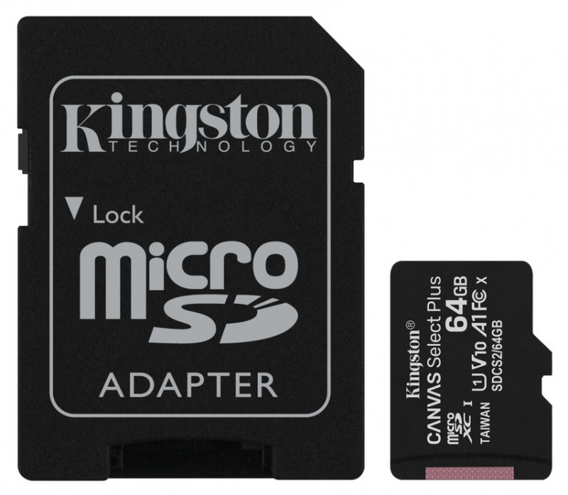Карта памяти MicroSD 64GB Kingston Class 10 Canvas Select Plus A1 U1 V10 (100 Mb/s) + SD адаптер