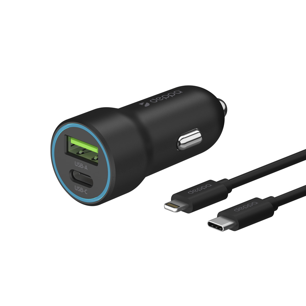 Автомобильное зарядное устройство Deppa USB-C/USB-A + кабель Lightning MFI, 20W, черный