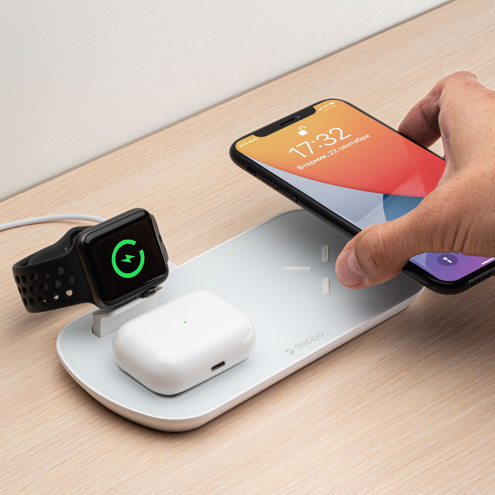 Зарядная станция Deppa 3 в 1: iPhone, Apple Watch, Airpods, 17.5W, белая