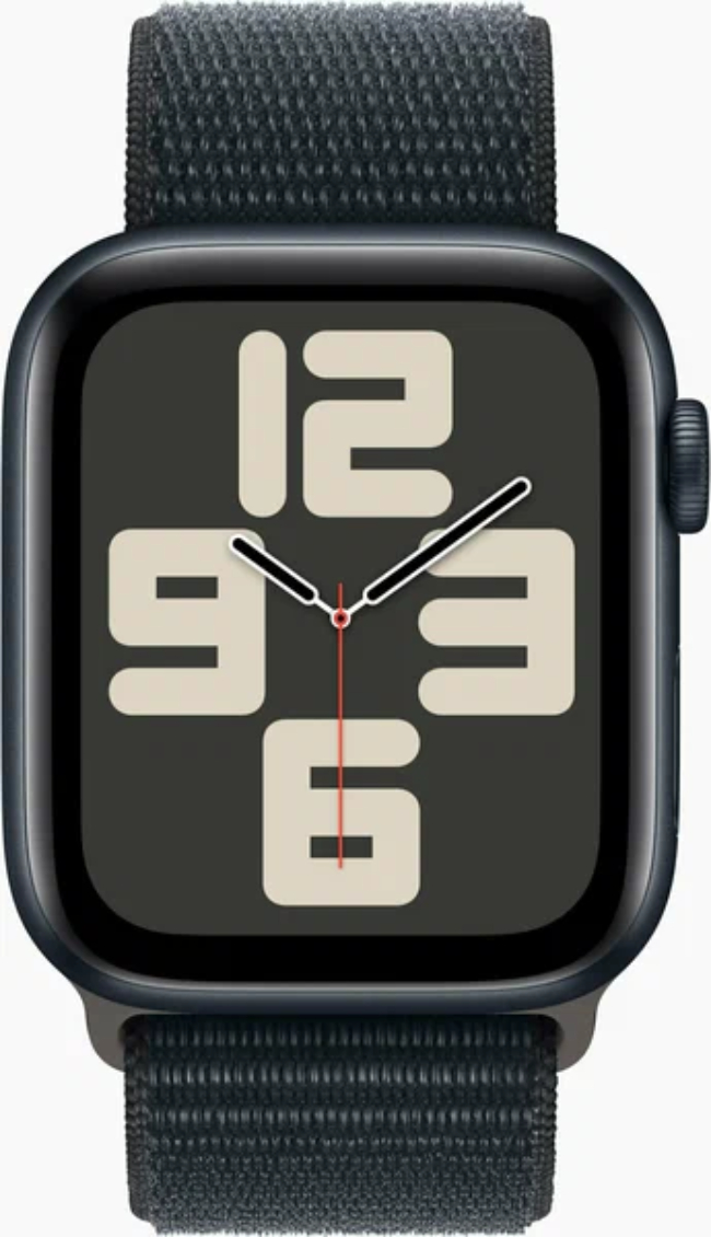 Apple Watch SE 2024, 44 мм, корпус из алюминия цвета «темная ночь», спортивный ремешок Loop цвета «темная ночь» (MXEP3)