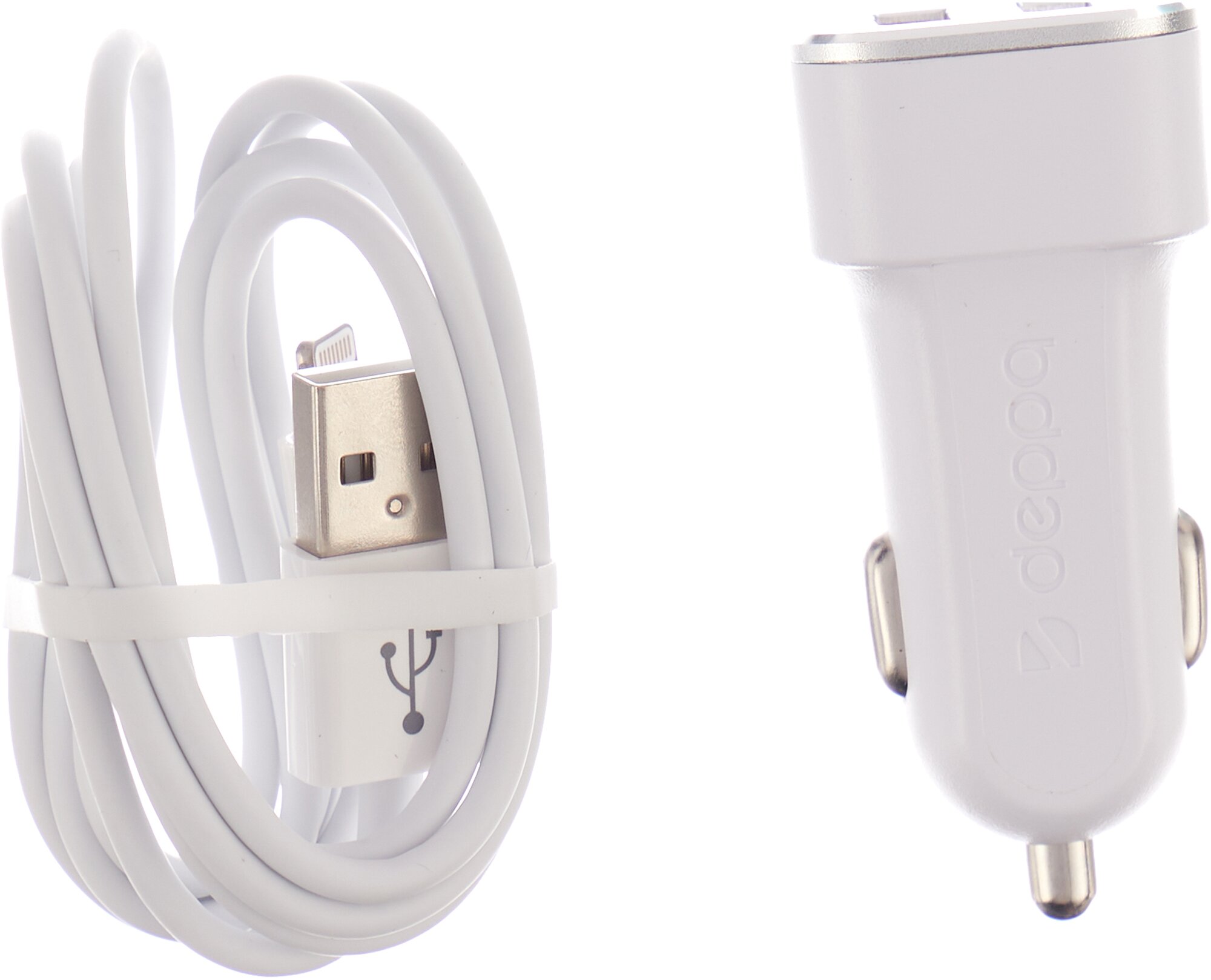 Автомобильное зарядное устройство Deppa Ultra 2 USB-A + кабель Lightning, 10W, белый