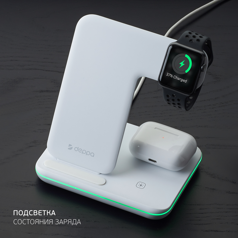 Зарядная станция Deppa 3 в 1 Charging Stand Neo: iPhone, Apple Watch, Airpods, 20W, белая